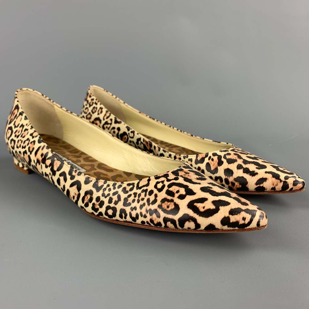 MANOLO BLAHNIK Size 8.5 Beige Animal Print Leather Flats - Picture 2 of 7